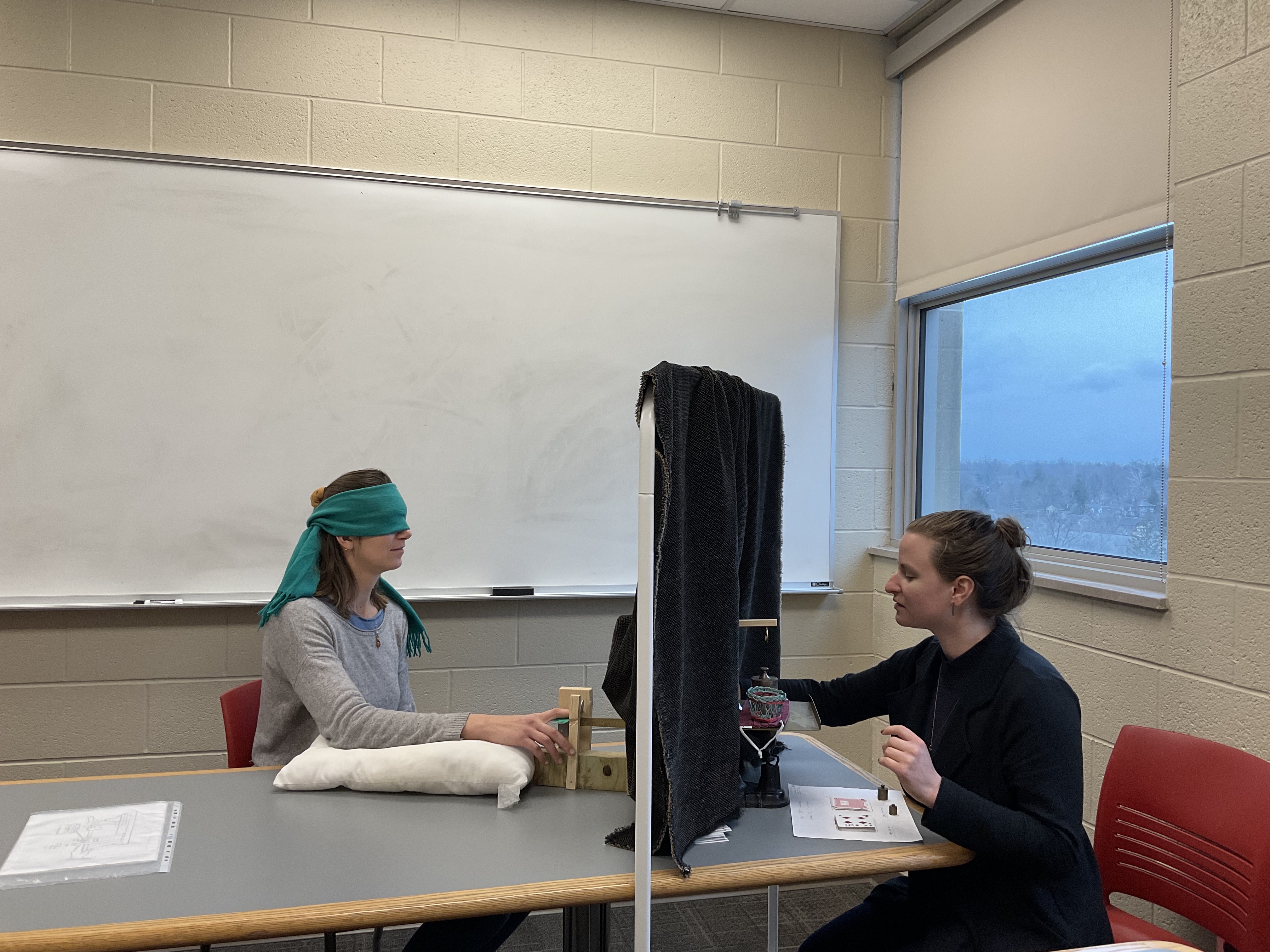 Our final experimental setup, using blindfold, curtain, adapted playing cards, and our reconstructed postal scale apparatus.